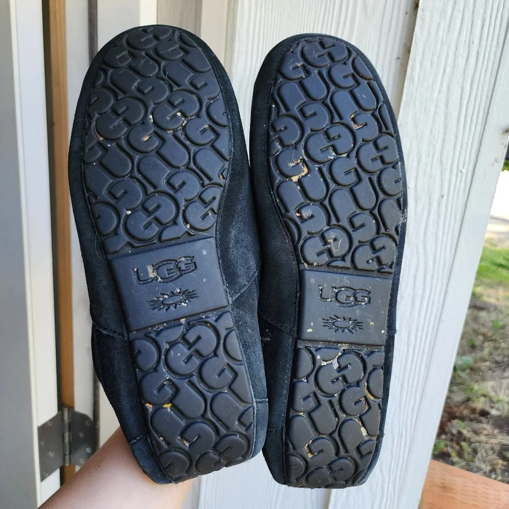 UGG Ascot Suede Slippers Plush Wool Sz 16 Loafers Black Driving Cozy Warm Soft